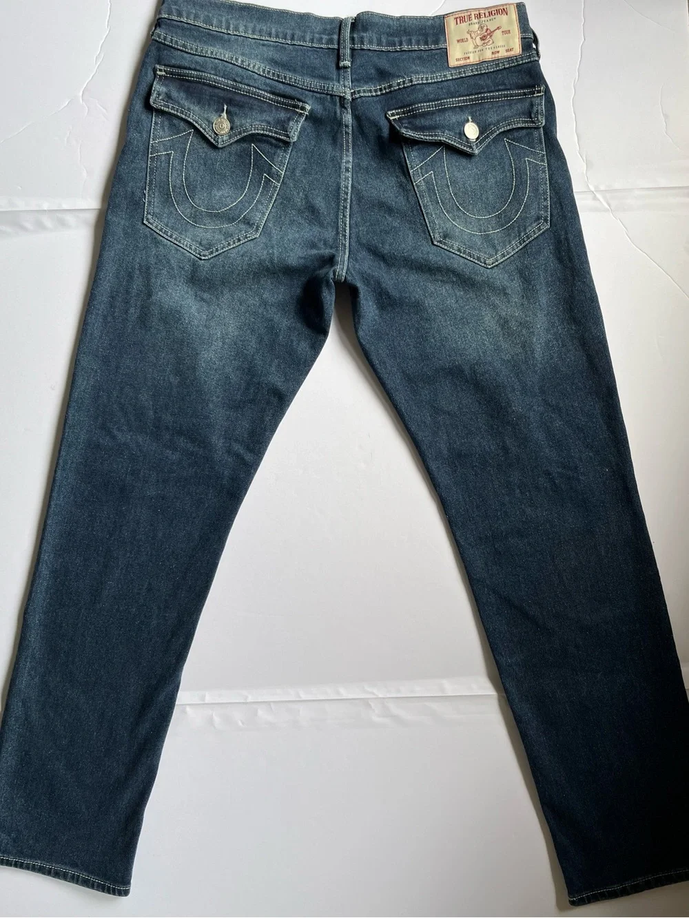 True Religion Men’s Slim Straight Geno Dark Blue Jeans with Contrast Stitching